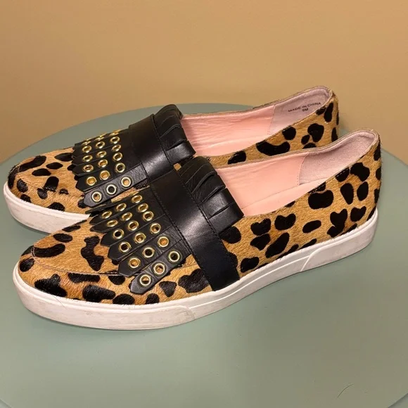 kate spade Leopard Print Slip-On Loafers with Black Fringe and Gold Eyelets - Picture 3 of 4